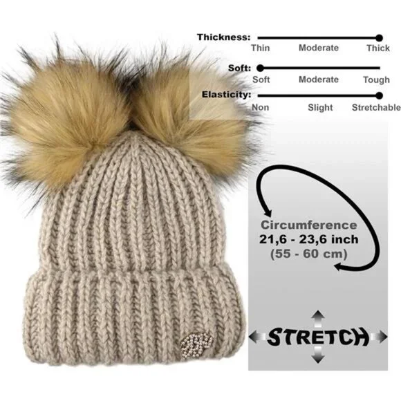 Women's Beanie Hat 2 Pom Cable Knit Winter Warm Fleece Hat Wool Cuff Ski Cap